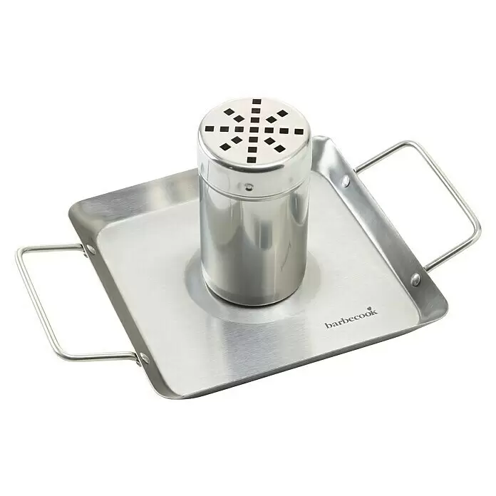 Barbecook Geflügelhalter - Edelstahl - Edelstahl Hähnchenbräter mit quadratischer Schale, Griffen, perforiertem Zylinder in der Mitte und 'barbecook' Schriftzug.