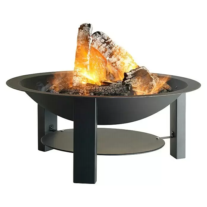 Barbecook Feuerschale Modern - Durchmesser: 75 cm, Gusseisen - Schwarze Metall-Feuerstelle mit brennenden Holzscheiten, Standfuß und Ablage.