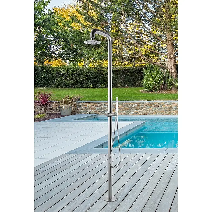 GardWell Pooldusche Sensation - Höhe: 220 cm, Edelstahl, Silber - Außenbereichs-Edelstahldusche mit Handbrause und großem Duschkopf neben dem Pool, ideal für die Reinigung nach dem Schwimmen.