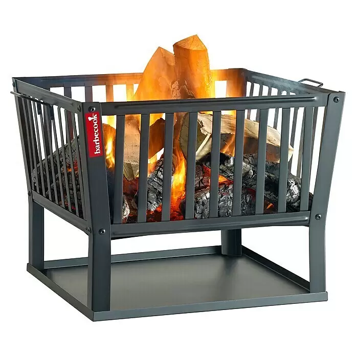 Barbecook Feuerkorb Classic Squadra - L x B x H: 62 x 62 x 49 cm, Schwarz - Dunkelgraue Barbecook Feuerstelle aus Metall mit brennendem Holz und Glut auf einer Auffangschale.