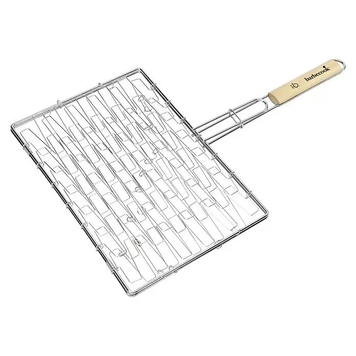 Barbecook Fisch- & Gemüsehalter - L x B: 41 x 62 cm - Grillrostkorb aus silbernem Metall mit hellem Holzgriff, schräg dargestellt, um das Gitterdesign zu zeigen.