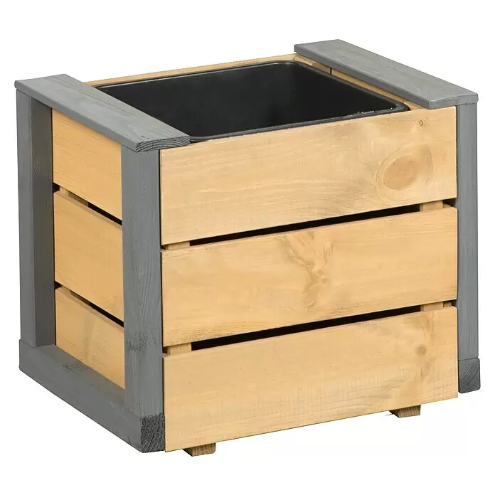 Pflanzkasten - Außenmaß (L x B x H): 37 x 27 x 31 cm, Kunststoff, Braun - Pflanzkasten aus Holz mit hellbraunen Latten, grauem Rahmen und schwarzem Kunststoffeinsatz.