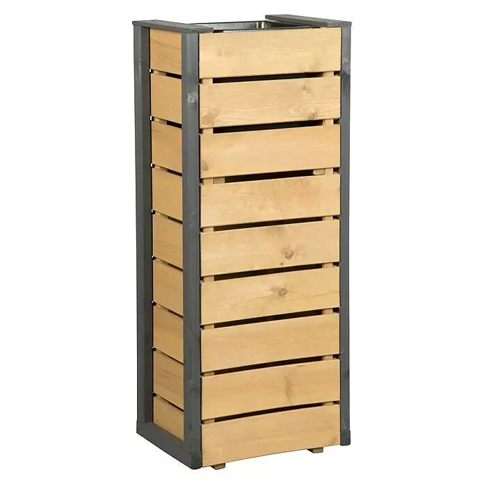 Pflanzkasten - Außenmaß (L x B x H): 37 x 27 x 91 cm, Kunststoff, Braun - Hoher Holzkomposter mit grauem Rahmen und hellbraunen Lattenseiten, oben mit Metalleinsatz.