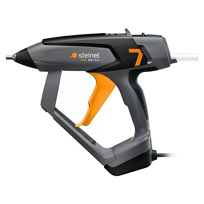 Steinel Heißklebepistole PRO GlueMatic 7011 - Durchmesser Klebepatrone: 11 mm, Temperaturbereich: 40 °C - 230 °C - Steinel PRO GM 7011 Heißklebepistole: Grau und Schwarz mit orangefarbenen Akzenten, Metall-Düse und transparentem Klebestift.