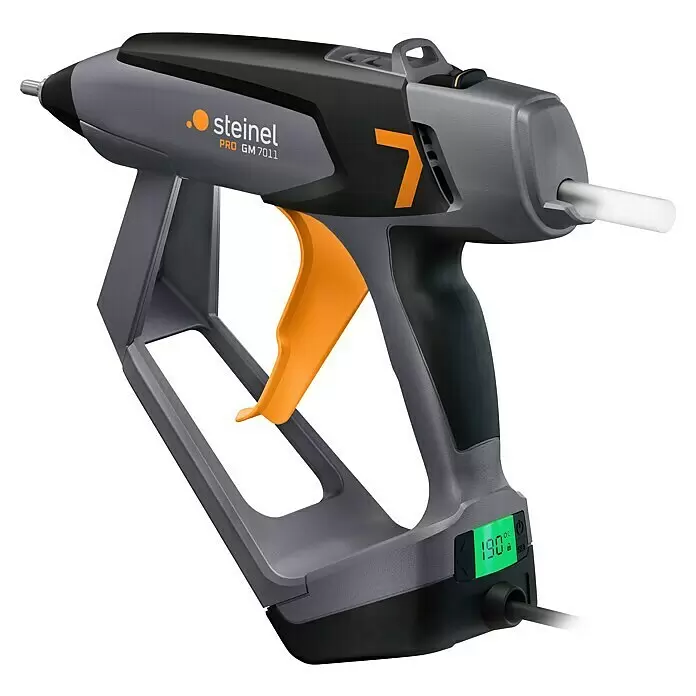Steinel Heißklebepistole PRO GlueMatic 7011 - Durchmesser Klebepatrone: 11 mm, Temperaturbereich: 40 °C - 230 °C - Professionelle graue und schwarze Heißklebepistole mit gelben Akzenten und digitaler 190°C Temperaturanzeige.