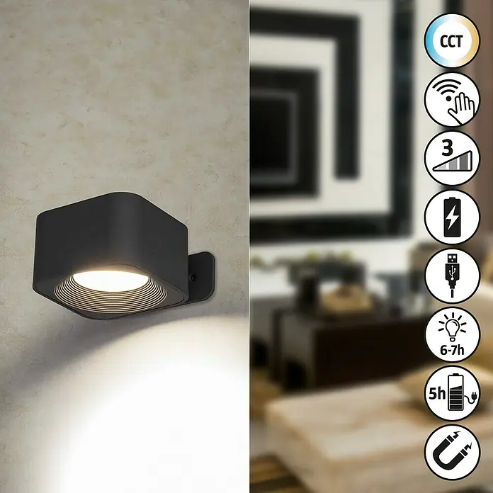 Lavida Akku-Wandleuchte Mirano - L x B x H: 9,25 x 7,65 x 4,5 cm, 2 W, Schwarz, Mehrfarbig, Eckig - Stilvolle, mattschwarze Wandleuchte. Das sanfte Licht erhellt jeden Raum, ideal für modernes Ambiente.