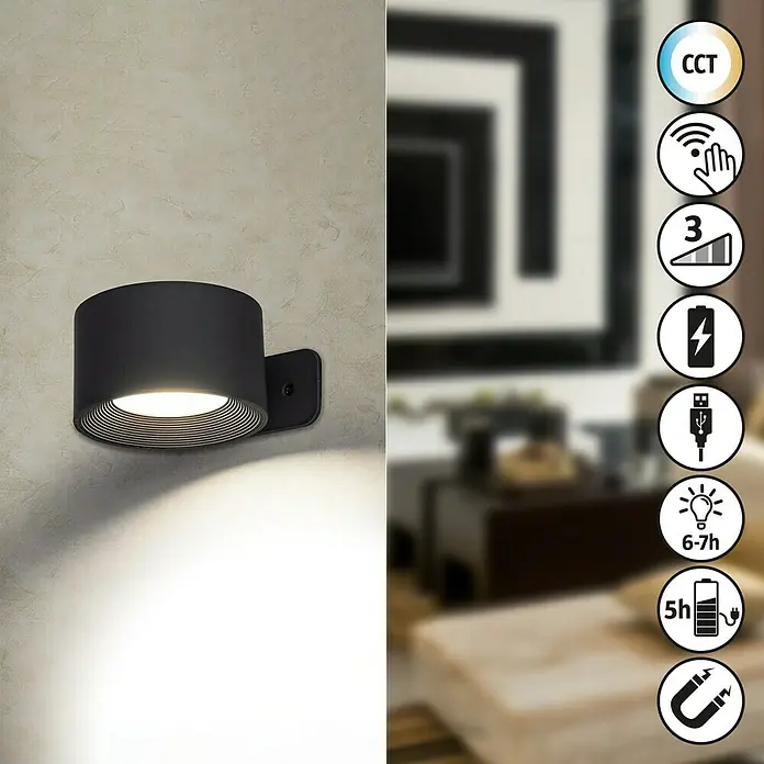 Lavida Akku-Wandleuchte Novara - L x B x H: 9,25 x 7,6 x 4,5 cm, 2 W, Schwarz, Mehrfarbig, Rund - Elegante schwarze Wandleuchte mit warmweißem Licht, ideal für Wohnräume. Die Lampe ist dimmbar und einfach zu montieren.