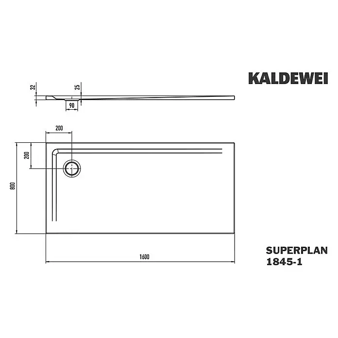 Kaldewei Duschwanne Superplan 1845-1 - L x B: 80 x 160 cm, Stahl, Weiß - Technische Zeichnung einer rechteckigen Duschwanne KALDEWEI Superplan 1845-1 mit Maßen und versetztem Ablauf.