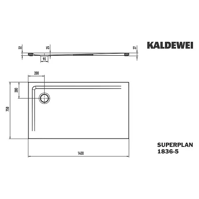Kaldewei Duschwannen-Set Superplan 1836-5 - L x B: 75 x 140 cm, Stahl, Weiß, Wannenträger, Extraflach - Technische Zeichnung einer rechteckigen Duschwanne, 1400x750 mm, mit Ober- und Seitenansicht, Maßen und Ablaufdetail.