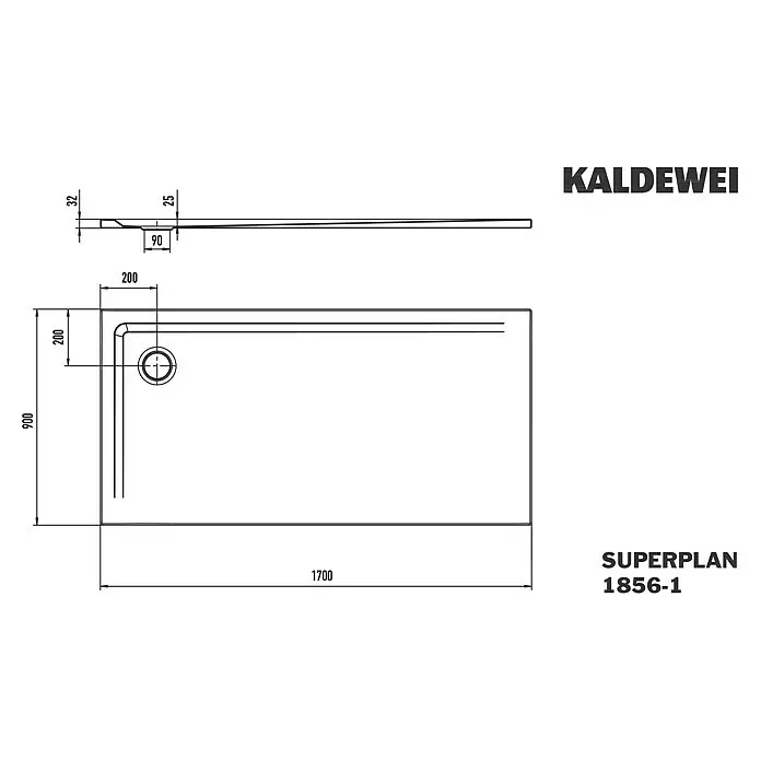 Kaldewei Duschwanne Superplan 1856-1 - L x B: 90 x 170 cm, Stahl, Weiß - Technische Zeichnung einer rechteckigen Duschwanne, 1700x900mm, mit Abfluss im Eckbereich und niedrigem Profil.