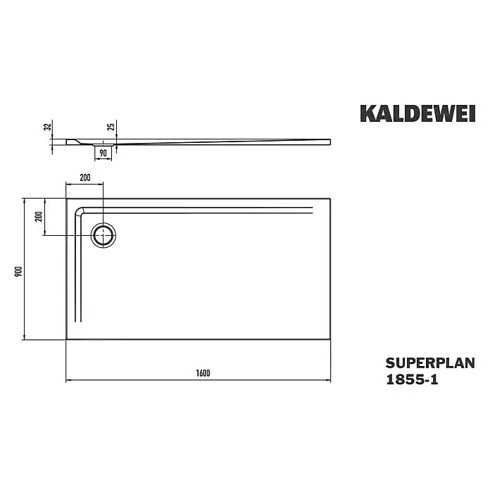 Kaldewei Duschwanne Superplan 1855-1 - L x B: 90 x 160 cm, Stahl, Weiß - Technische Zeichnung einer KALDEWEI SUPERPLAN 1855-1 Rechteck-Duschwanne, 1600x900mm, mit Maßen und Ablaufposition.