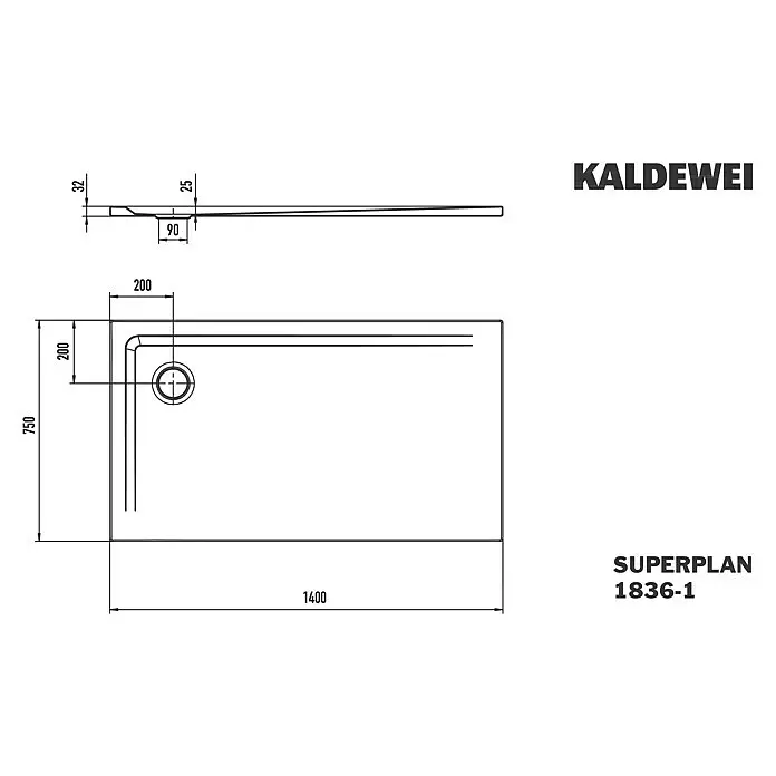 Kaldewei Duschwanne Superplan 1836-1 - L x B: 75 x 140 cm, Stahl, Weiß - Technisches Datenblatt der rechteckigen Kaldewei Superplan 1836-1 Duschwanne mit Maßen und Ablaufdetails.