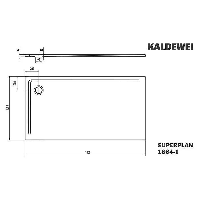 Kaldewei Duschwanne Superplan 1864-1 - L x B: 100 x 180 cm, Stahl, Weiß - Technische Zeichnung einer Kaldewei Superplan Duschwanne (1800x1000 mm) mit Maßen und Ablaufposition.