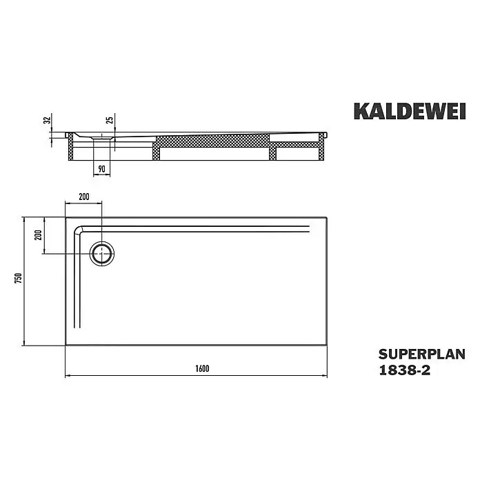 Kaldewei Duschwannen-Set Superplan - L x B: 75 x 160 cm, Stahl, Weiß, Wannenträger - Technische Zeichnung einer Kaldewei Superplan Duschwanne, Modell 1838-2, mit Draufsicht und Querschnitt, Maße 1600x750 mm und Ablauf.