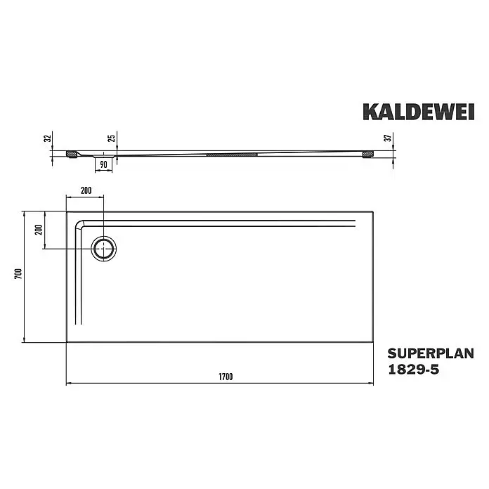 Kaldewei Duschwannen-Set Superplan 1829-5 - L x B: 70 x 170 cm, Stahl, Weiß, Wannenträger, Extraflach - Kaldewei Superplan 1700x700mm rechteckige Duschwanne. Technische Zeichnung zeigt Draufsicht und Seitenansicht mit versetztem Ablauf.