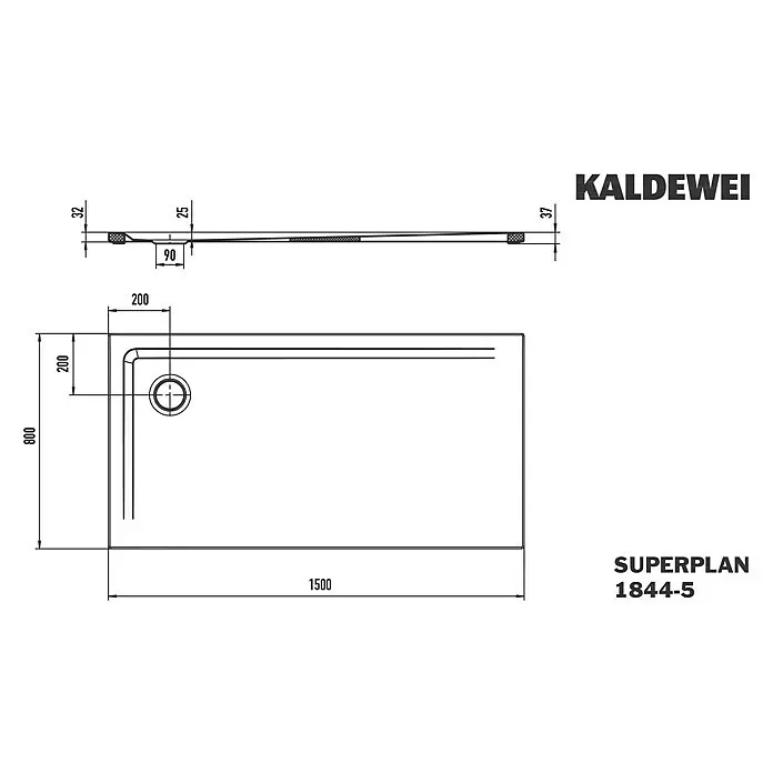 Kaldewei Duschwannen-Set Superplan 1844-5 - L x B: 80 x 150 cm, Stahl, Weiß, Wannenträger, Extraflach - Technisches Diagramm einer rechteckigen Duschwanne, 1500x800mm, mit Abfluss in der Ecke.