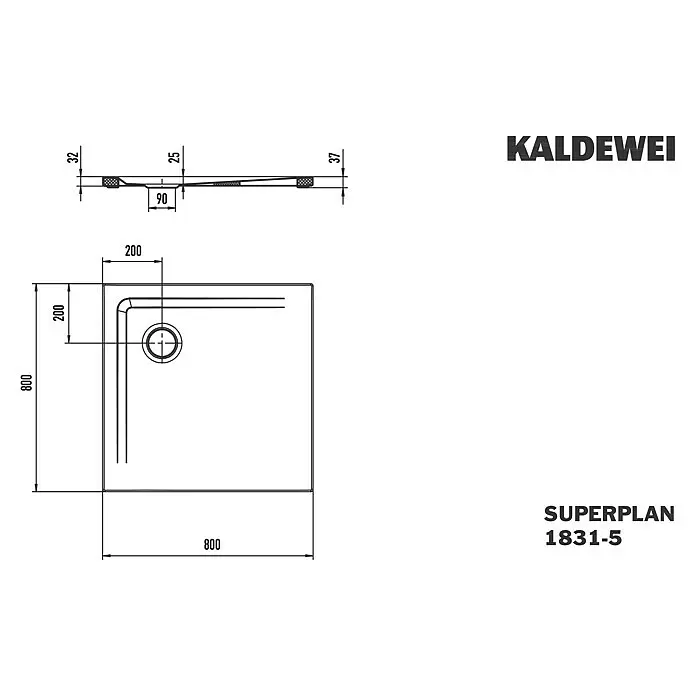 Kaldewei Duschwannen-Set Superplan 1831-5 - L x B: 80 x 80 cm, Stahl, Weiß, Wannenträger, Extraflach - Kaldewei Superplan Duschwanne, 800x800mm, technische Zeichnung mit Ablauf- und Höhenangaben.