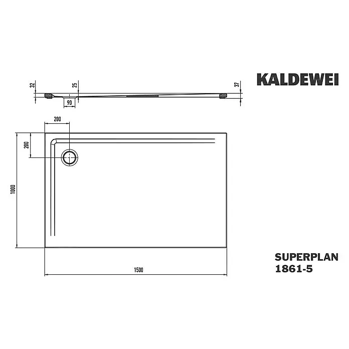 Kaldewei Duschwannen-Set Superplan 1861-5 - L x B: 100 x 150 cm, Stahl, Weiß, Wannenträger, Extraflach - Technische Zeichnung einer rechteckigen Duschwanne, 1500x1000 mm, mit Eckablauf und Maßangaben.