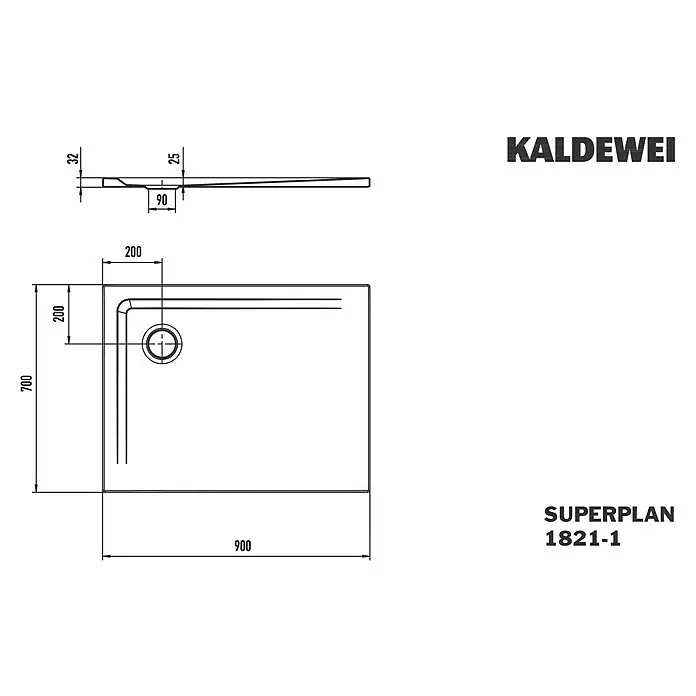Kaldewei Duschwanne Superplan 1821-1 - L x B: 70 x 90 cm, Stahl, Weiß - Technische Zeichnung einer Kaldevei Superplan 1821-1 Duschwanne, 900x700 mm, mit 25 mm Tiefe und Eckablauf.
