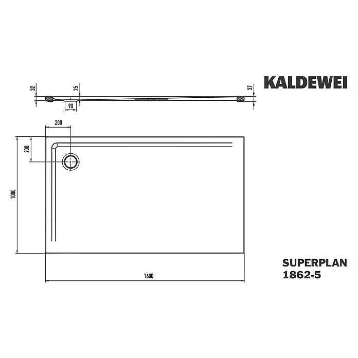 Kaldewei Duschwannen-Set Superplan 1862-5 - L x B: 100 x 160 cm, Stahl, Weiß, Wannenträger, Extraflach - Technische Zeichnung einer Kaldewei Superplan 1862-5 Duschwanne, 1600x1000mm, mit Ablaufposition und Höhenangaben.