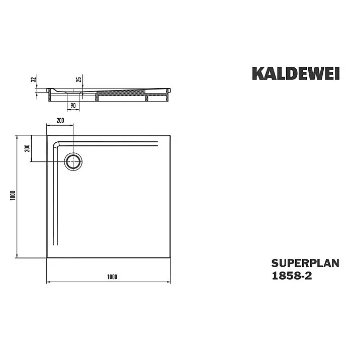 Kaldewei Duschwannen-Set Superplan - L x B: 100 x 100 cm, Stahl, Weiß, Wannenträger - Technische Zeichnung einer quadratischen Kaldewei SUPERPLAN 1858-2 Duschwanne, 1000x1000mm, mit versetztem Ablauf und detaillierten Maßen.