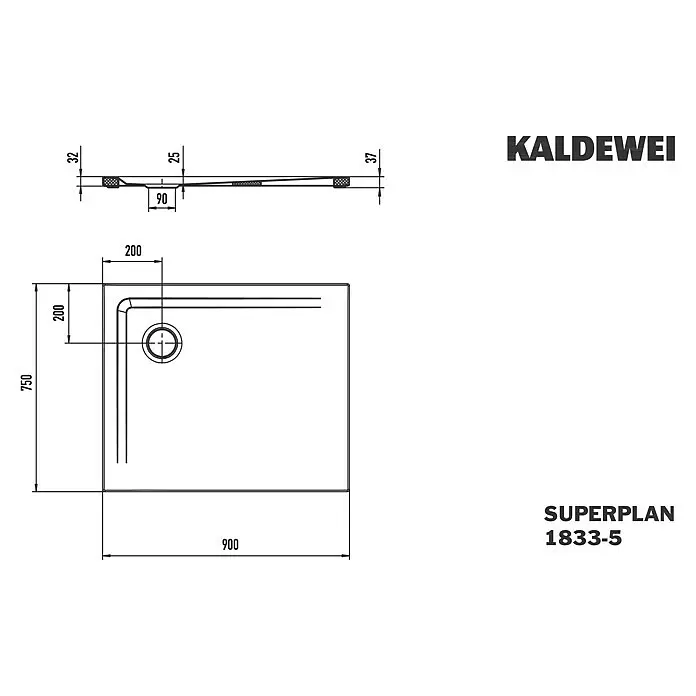 Kaldewei Duschwannen-Set Superplan 1833-5 - L x B: 75 x 90 cm, Stahl, Weiß, Wannenträger, Extraflach - Technische Zeichnung einer rechteckigen Kaldewei Superplan Duschwanne, 900x750mm, mit Eckablauf und verschiedenen Höhenangaben.