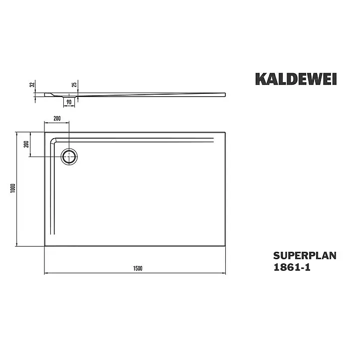 Kaldewei Duschwanne Superplan 1861-1 - L x B: 100 x 150 cm, Stahl, Weiß - Technische Zeichnung der Duschwanne Kaldewei SUPERPLAN 1861-1 (1500x1000mm), mit seitlichem Ablauf und geringer Aufbauhöhe.