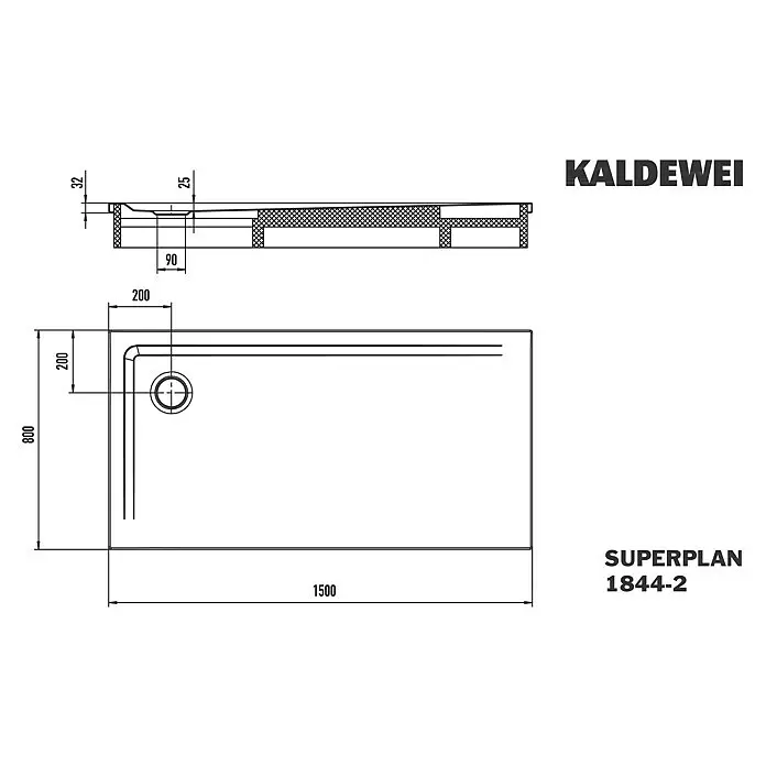Kaldewei Duschwannen-Set Superplan - L x B: 80 x 150 cm, Stahl, Weiß, Wannenträger - Technische Zeichnung einer Kaldewei Superplan 1844-2 Duschwanne, 1500x800mm, mit Maßen und Ablaufdetails.