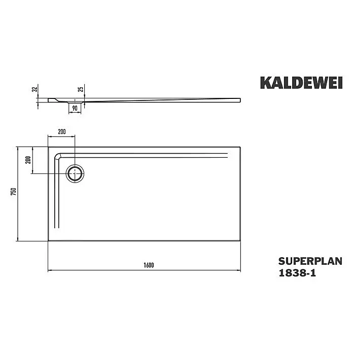 Kaldewei Duschwanne Superplan 1838-1 - L x B: 75 x 160 cm, Stahl, Weiß - Technische Zeichnung einer Duschwanne KALDEWEI Superplan 1838-1, 1600x750x32mm, mit 90mm Ablauf.