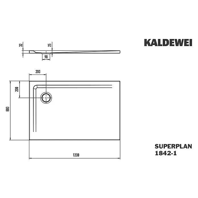 Kaldewei Duschwanne Superplan 1842-1 - L x B: 80 x 120 cm, Stahl, Weiß - Rechteckige Duschwanne mit Ablauf, 1200x800mm, 32mm hoch. Technische Zeichnung.