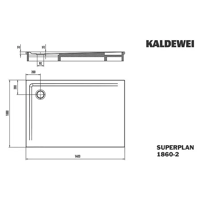 Kaldewei Duschwannen-Set Superplan - L x B: 100 x 140 cm, Stahl, Weiß, Wannenträger - Technische Zeichnung einer KALDEWEI Superplan 1860-2 Rechteck-Duschwanne mit Maßen und versetztem Ablauf.