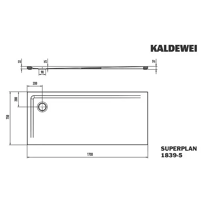 Kaldewei Duschwannen-Set Superplan 1839-5 - L x B: 75 x 170 cm, Stahl, Weiß, Wannenträger, Extraflach - Technische Zeichnung einer Kaldewei Superplan Duschwanne, 1700x750 mm, mit niedriger Höhe und Eckablauf.
