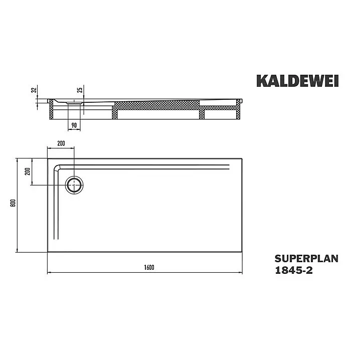 Kaldewei Duschwannen-Set Superplan - L x B: 80 x 160 cm, Stahl, Weiß, Wannenträger - Technischer Plan einer rechteckigen Kaldewei Superplan Duschwanne, 1600x800 mm, mit seitlichem Ablauf und niedrigem Profil.