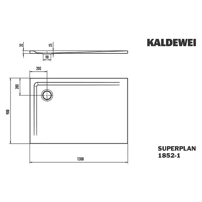 Kaldewei Duschwanne Superplan 1852-1 - L x B: 90 x 130 cm, Stahl, Weiß - Technische Zeichnung einer rechteckigen Kaldewei Superplan Duschwanne, 1300x900mm, mit Eckablauf. Gesamthöhe 32mm.