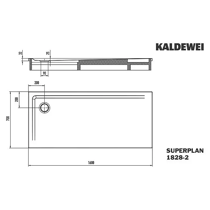 Kaldewei Duschwannen-Set Superplan - L x B: 70 x 160 cm, Stahl, Weiß, Wannenträger - Technische Zeichnung einer rechteckigen, ultraflachen Duschwanne, 1600x700 mm, mit Eckablauf. Kaldewei Superplan 1828-2.