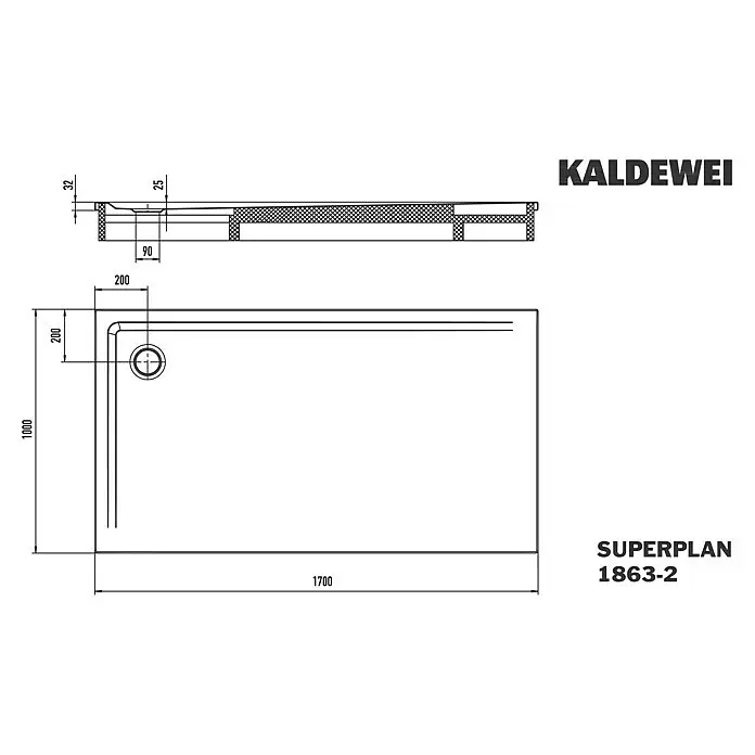Kaldewei Duschwannen-Set Superplan - L x B: 100 x 170 cm, Stahl, Weiß, Wannenträger - Technische Zeichnung einer Kaldewei Superplan Duschwanne, 1700x1000mm, mit Eckablauf und Maßangaben.
