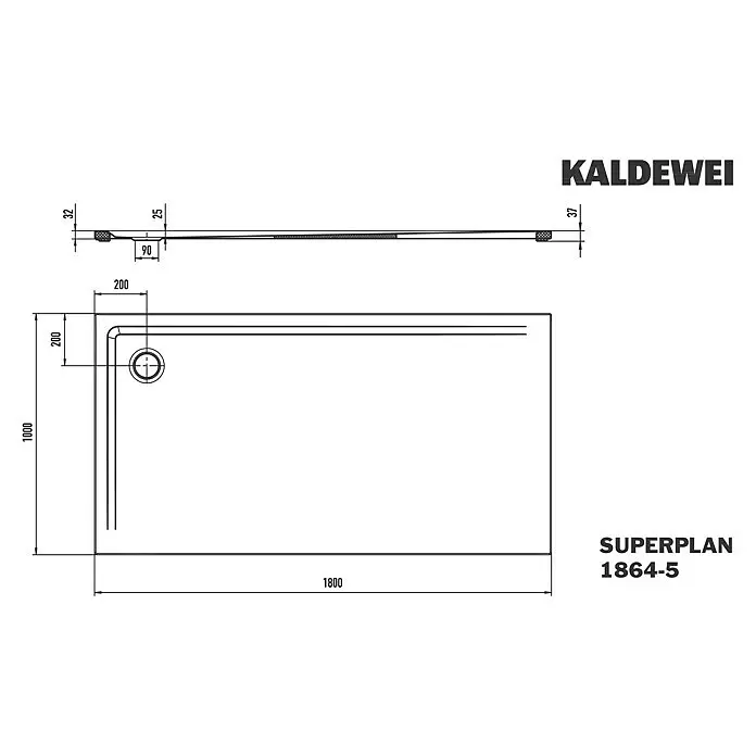 Kaldewei Duschwannen-Set Superplan 1864-5 - L x B: 100 x 180 cm, Stahl, Weiß, Wannenträger, Extraflach - Technische Zeichnung einer Kaldewei Superplan Rechteck-Duschwanne, 1800x1000mm, mit 32mm Profil und integriertem Ablauf.