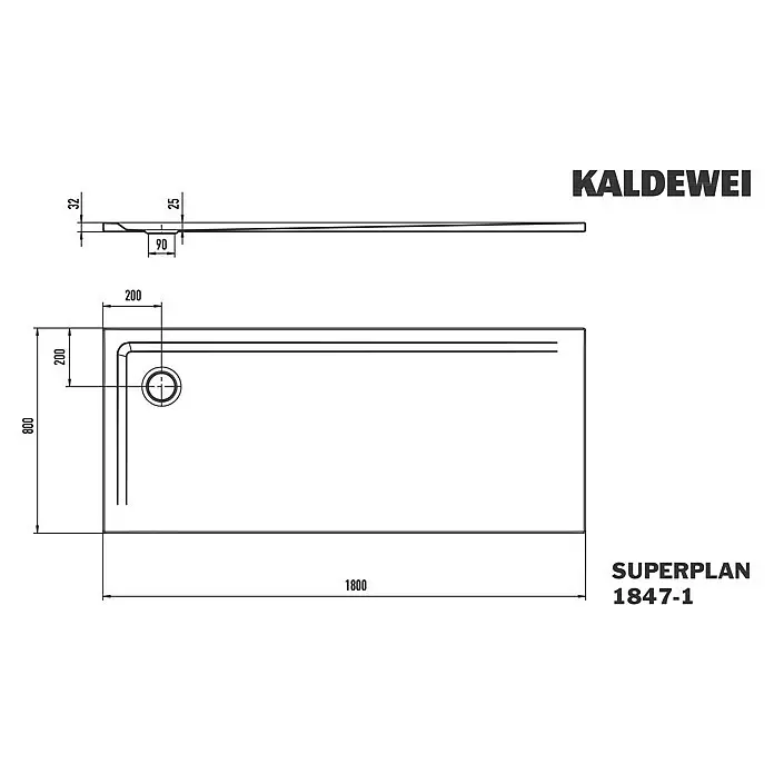 Kaldewei Duschwanne Superplan 1847-1 - L x B: 80 x 180 cm, Stahl, Weiß - Technische Zeichnung einer rechteckigen, superflachen Kaldewei Superplan Duschwanne, 1800x800mm, mit integriertem Ablauf.