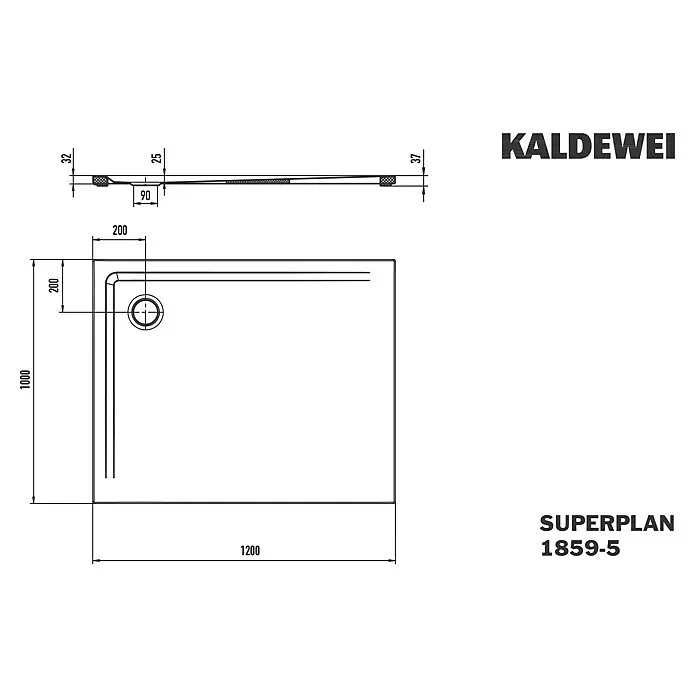Kaldewei Duschwannen-Set Superplan 1859-5 - L x B: 100 x 120 cm, Stahl, Weiß, Wannenträger, Extraflach - Technische Zeichnung einer rechteckigen Duschwanne, 1200x1000mm, mit mittigem Ablauf und detaillierten Maßen.