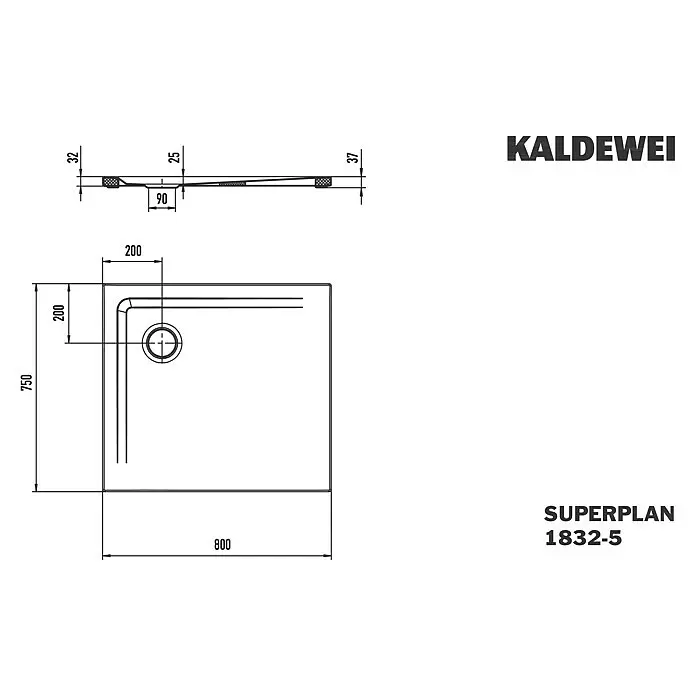 Kaldewei Duschwannen-Set Superplan 1832-5 - L x B: 75 x 80 cm, Stahl, Weiß, Wannenträger, Extraflach - Technische Zeichnung einer rechteckigen Kaldewei Duschwanne, Superplan 1832-5, 800x750 mm mit Ablaufdetails.
