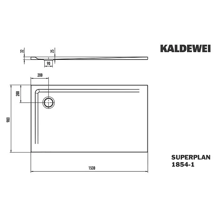 Kaldewei Duschwanne Superplan 1854-1 - L x B: 90 x 150 cm, Stahl, Weiß - Technische Zeichnung einer rechteckigen Duschwanne, 1500x900mm, mit versetztem Rundablauf und flachem Profil (32mm).