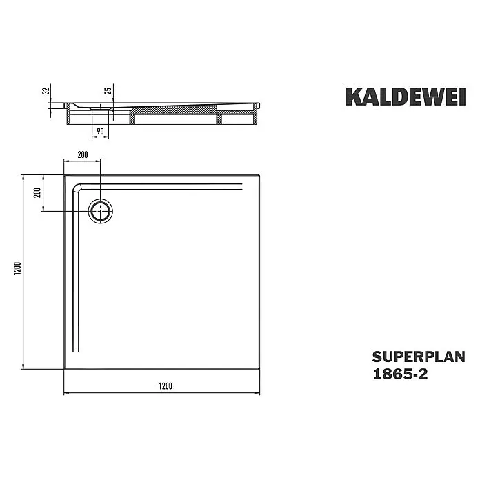 Kaldewei Duschwannen-Set Superplan - L x B: 120 x 120 cm, Stahl, Weiß, Wannenträger - Technische Zeichnung einer Kaldewei Superplan Duschwanne, 1200x1200mm, mit integriertem Eckablauf.