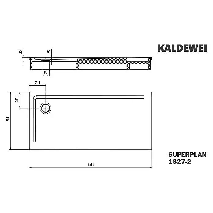 Kaldewei Duschwannen-Set Superplan - L x B: 70 x 150 cm, Stahl, Weiß, Wannenträger - Technische Zeichnung einer rechteckigen Duschwanne, 1500x700mm, mit Ablauf, Draufsicht und Querschnitt mit Maßen.