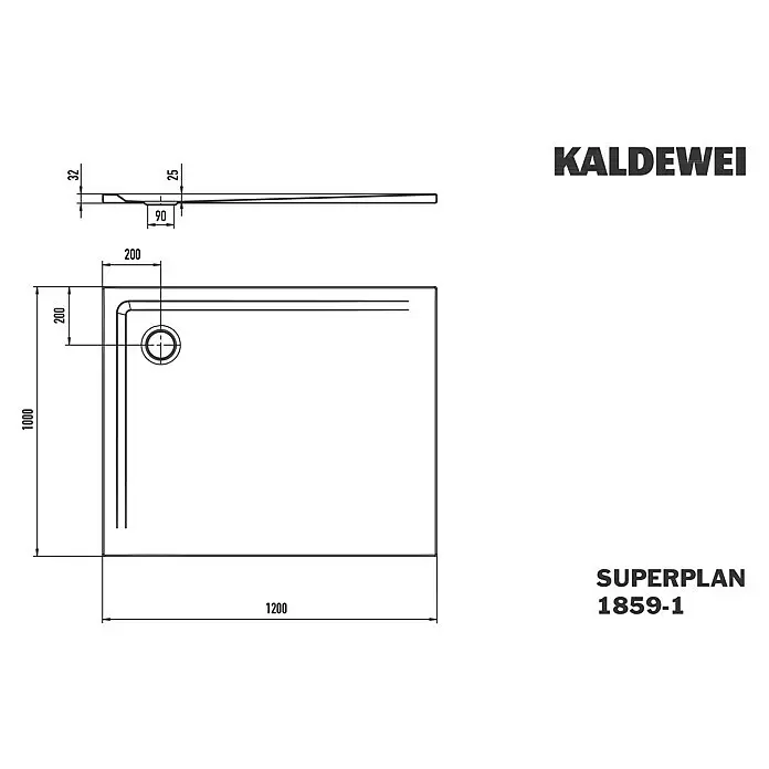 Kaldewei Duschwanne Superplan 1859-1 - L x B: 100 x 120 cm, Stahl, Weiß - Technische Zeichnung einer Kaldewei Superplan 1859-1 Duschwanne (1200x1000mm) mit Ablauf und Seitenansicht.