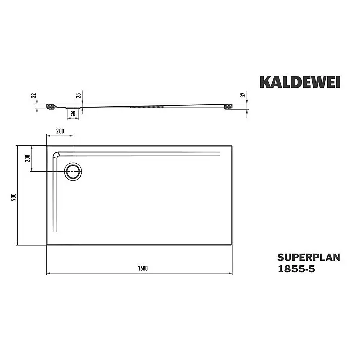 Kaldewei Duschwannen-Set Superplan 1855-5 - L x B: 90 x 160 cm, Stahl, Weiß, Wannenträger, Extraflach - Technische Zeichnung einer rechteckigen Kaldewei Superplan Duschwanne, 1600x900 mm, mit Maßen und Eckablauf.