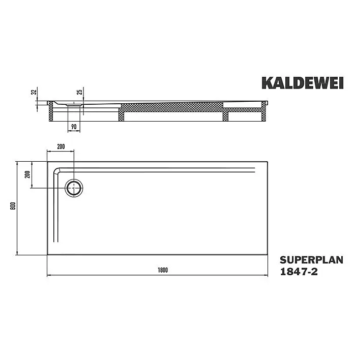 Kaldewei Duschwannen-Set Superplan - L x B: 80 x 180 cm, Stahl, Weiß, Wannenträger - Technische Zeichnung einer rechteckigen Kaldewei Superplan Duschwanne, 1800x800mm, mit integriertem Ablauf und Querschnittsansicht.