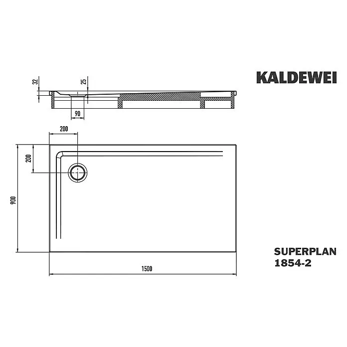 Kaldewei Duschwannen-Set Superplan - L x B: 90 x 150 cm, Stahl, Weiß, Wannenträger - Technische Zeichnung einer Kaldewei Superplan 1854-2 Rechteck-Duschwanne (1500x900mm) mit Eckablauf und Höhendetails.