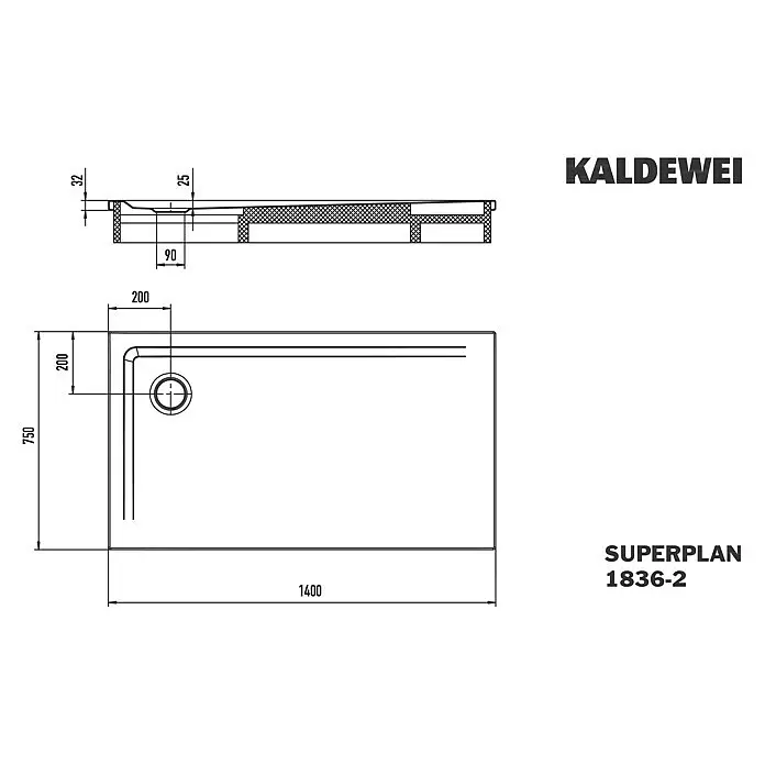 Kaldewei Duschwannen-Set Superplan - L x B: 75 x 140 cm, Stahl, Weiß, Wannenträger - Technische Zeichnung einer KALDEWEI SUPERPLAN 1836-2 Duschwanne, 1400x750 mm, Höhe 32 mm.