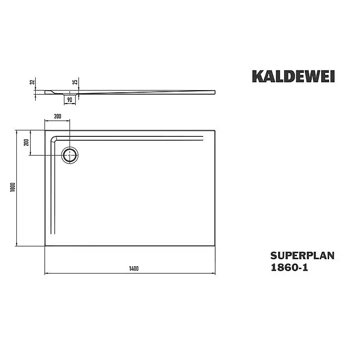 Kaldewei Duschwanne Superplan 1860-1 - L x B: 100 x 140 cm, Stahl, Weiß - Kaldewei Superplan 1860-1 Duschwannen-Skizze, 1400x1000mm, 32mm hoch, mit integriertem Ablauf.