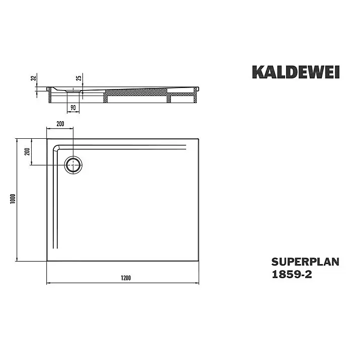 Kaldewei Duschwannen-Set Superplan - L x B: 100 x 120 cm, Stahl, Weiß, Wannenträger - KALDEWEI SUPERPLAN 1859-2 Rechteck-Duschwanne technische Zeichnung, 1200x1000mm, mit integriertem Ablauf.